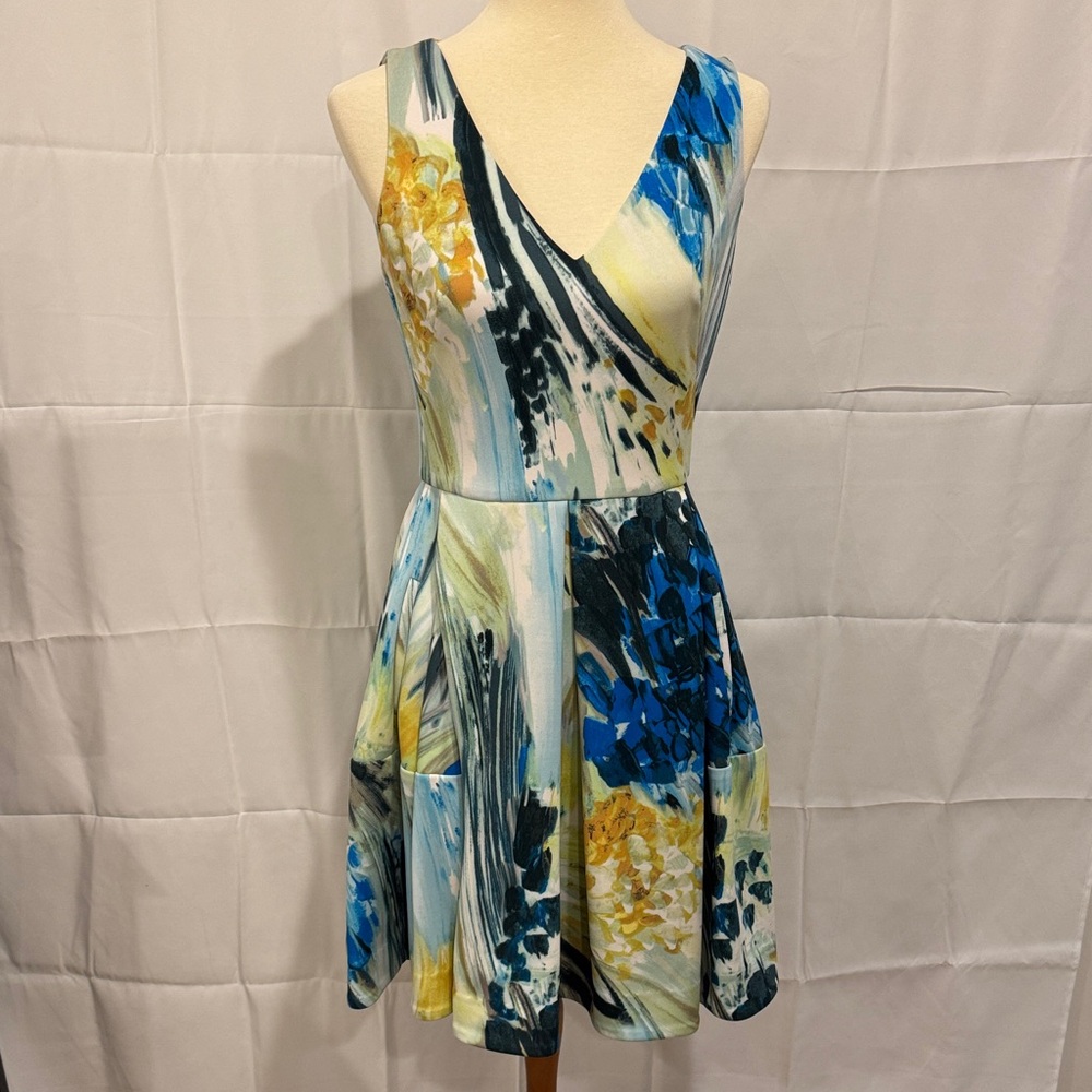 Taylor Blue and Yellow Abstract Midi Dress